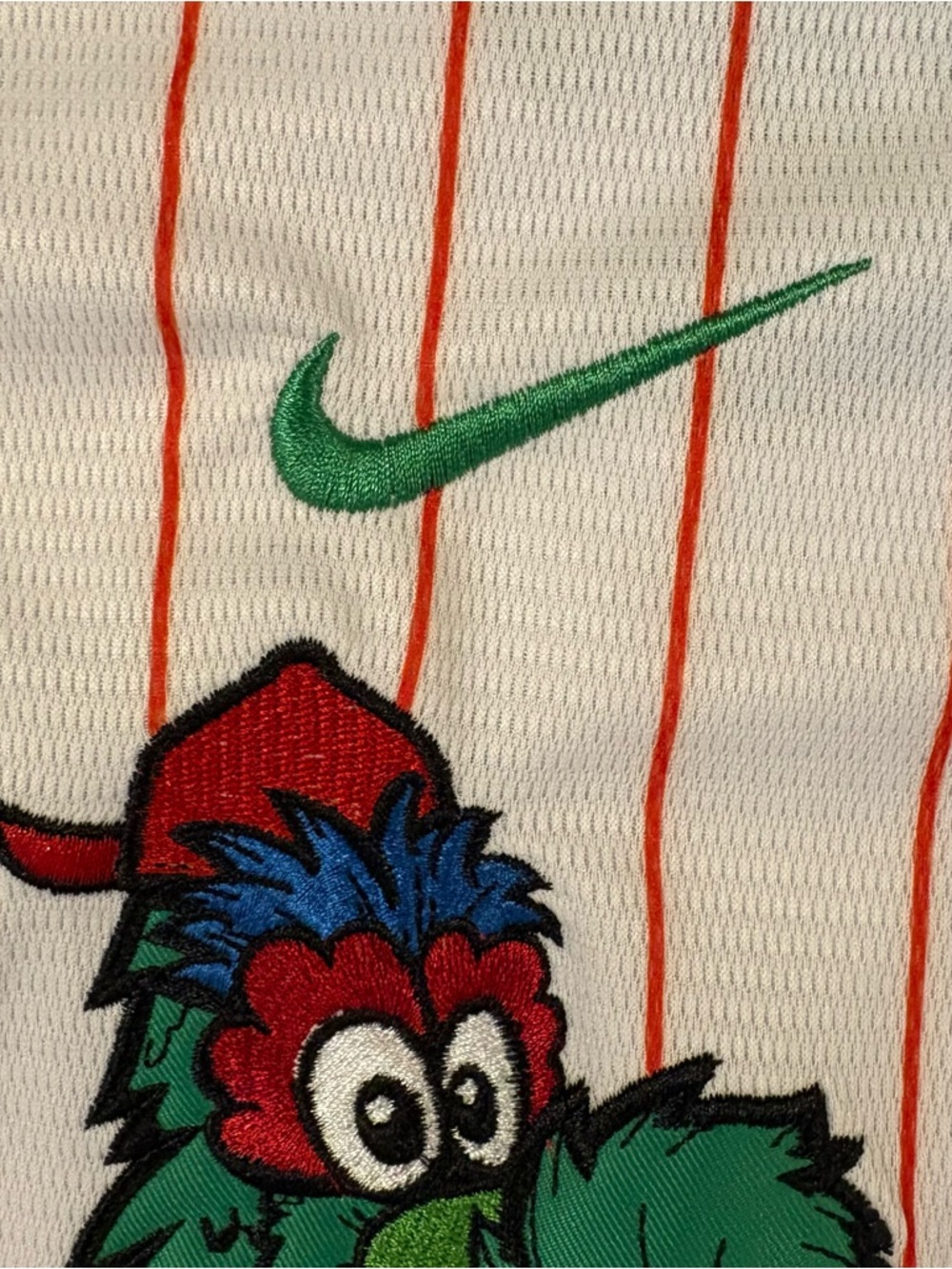 Nike White Pinstripe Phillies Phanatic Jersey with Green Mascot - Picture 5 of 9